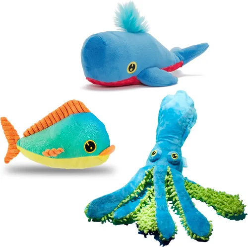Barkbox Paquete Bajo el Mar – 3 juguetes para perros medianos y grandes – Juguete chirriante para perro, juguete de tirar, juguetes de peluche para