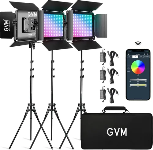 GVM - Luz de video LED RGB con control Bluetooth, kit de iluminación de fotografía 880RS 60W, panel LED regulable con pantalla LCD, 3 paquetes de