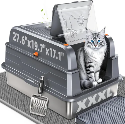 Miniatura 10 de CATLIKE XXXL - Caja de arena de acero inoxidable para gatos, 3 capas de orina a prueba de fugas, diseño cerrado con filtro de carbón para Maine Coon
