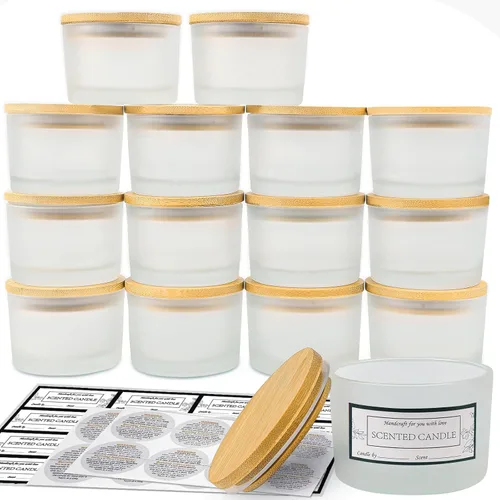 Miniatura 8 de CONNOO Paquete de 15 tarros de vela de vidrio ámbar dorado de 4 onzas con tapas herméticas de bambú para hacer velas, recipientes vacíos de boca Oro