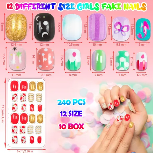 Miniatura 2 de 240 piezas de uñas postizas para niñas, uñas artificiales para niñas, uñas postizas de presión para niñas, uñas de acrílico de cubierta completa