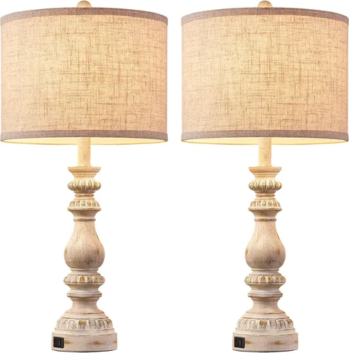Miniatura 9 de Juego de 2 Lámparas de Mesita de Noche Estilo Granja para Dormitorio con Puertos USB A+C, Lámparas de Mesa Rústicas Vintage de 28" para Sala
