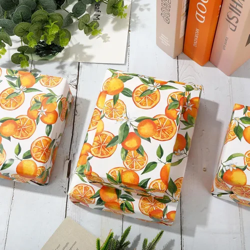 Miniatura 5 de Papel de regalo naranja, papel de regalo de frutas cítricas, papel de regalo plegado a granel, plano mandarina, para cumpleaños, baby shower