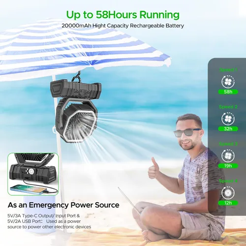Miniatura 2 de Ventilador recargable de camping con linterna LED, 20,000 mAh, ventilador de escritorio auto-oscilante recargable con batería, control remoto
