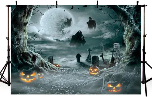 AIBIIN Telón de fondo de fotos de Halloween de 7 x 5 pies, luna, noche, bruja negra, telón de fondo de Halloween para fotografía de otoño, linterna