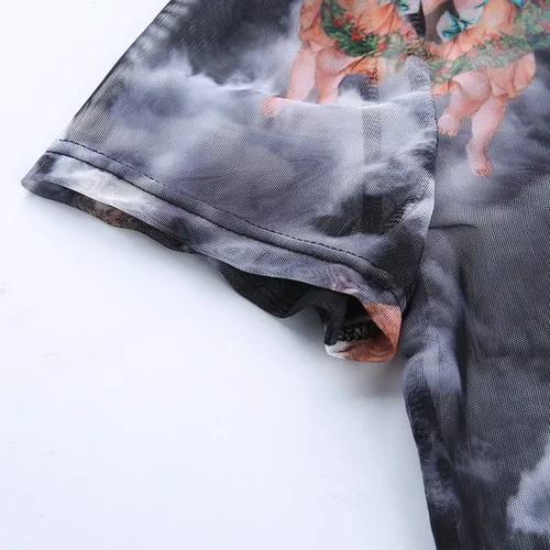 Miniatura 5 de HitZoom Blusa corta de malla con bordado de diablo transparente para mujer