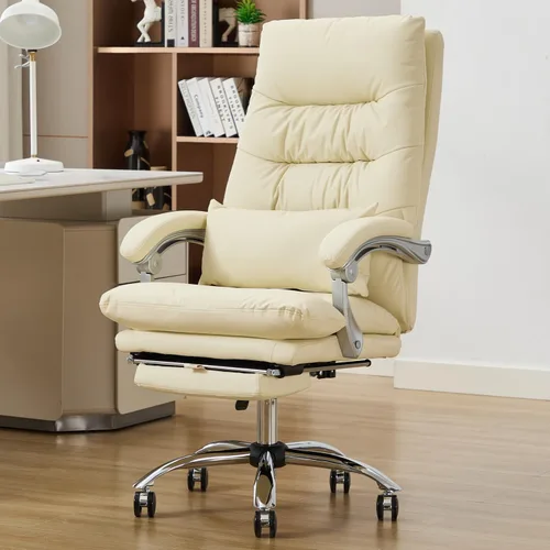 Silla de oficina con reposapiés, respaldo alto 155° reclinable, silla de computadora de escritorio de oficina de cuero, silla giratoria de Beige