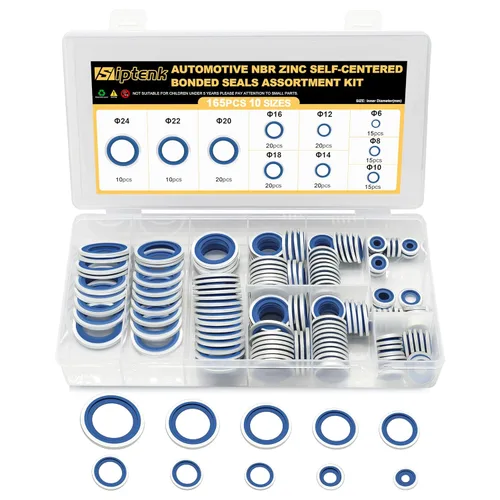 Miniatura 10 de Siptenk Juego de 165 arandelas de sellado autocéntricas automotrices surtidas de metal chapado en zinc negro NBR Dowty sellando junta tórica Juego