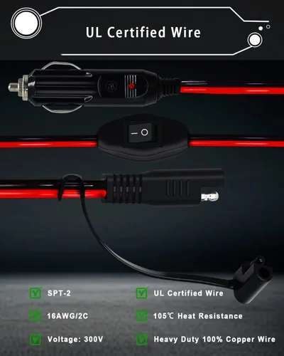 Miniatura 4 de YEZriler Adaptador de encendedor de cigarrillos de 10 pies y 16 AWG para cargador de batería, arnés de cable de carga para encendedor de cigarrillos