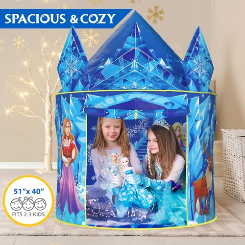 Miniatura 4 de W&O Tienda de campaña de princesa congelada para niñas con botón de sonido mágico, luces LED, corona y varita – Tienda de campaña congelada