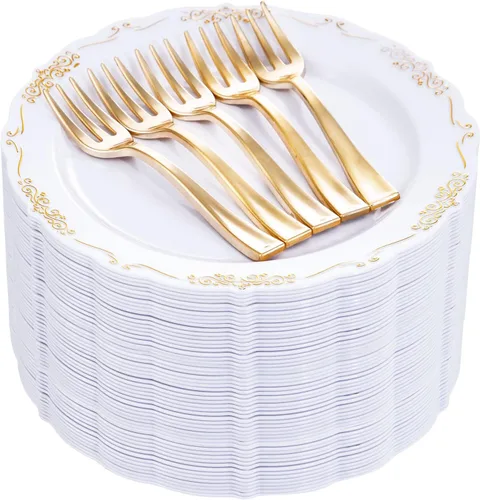 LIYH - 200 platos de postre dorados, 100 platos de aperitivo de 7.5 pulgadas y 100 tenedores de plástico dorados de 5 pulgadas, platos para Oro