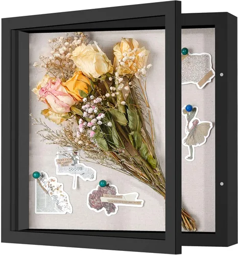 Miniatura 40 de Marco de caja de sombra pequeña de 5 x 5 con parte trasera de lino, resistente vitrina de memoria de flores, imágenes, medallas y más, color negro