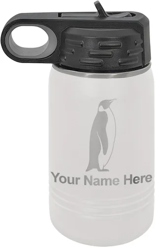 Miniatura 11 de LaserGram Botella de agua personalizada, pingüino, acero inoxidable de doble pared aislada al vacío con popote superior, regalo grabado