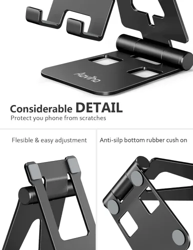 Miniatura 4 de Aoviho Soporte plegable para teléfono celular para escritorio, soporte ajustable para oficina, videollamadas y transmisión, base de teléfono de Negro