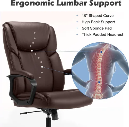 Miniatura 4 de Silla de oficina ejecutiva, silla ergonómica de escritorio para computadora para personas pesadas con ruedas, soporte lumbar, piel sintética, altura