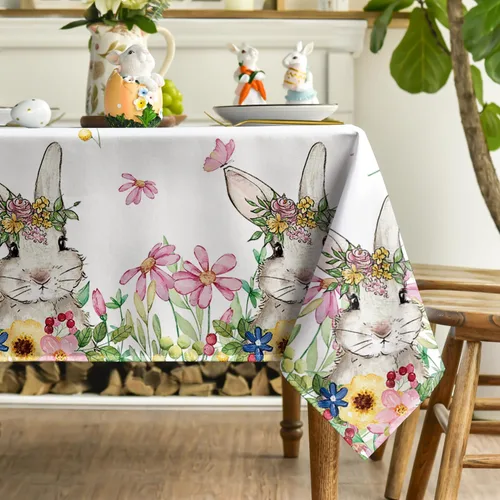 Miniatura 3 de Horaldaily Mantel de Pascua de 52 x 70 pulgadas, mantel lavable de primavera con diseño de conejito de flores para decoración de fiestas, pícnic