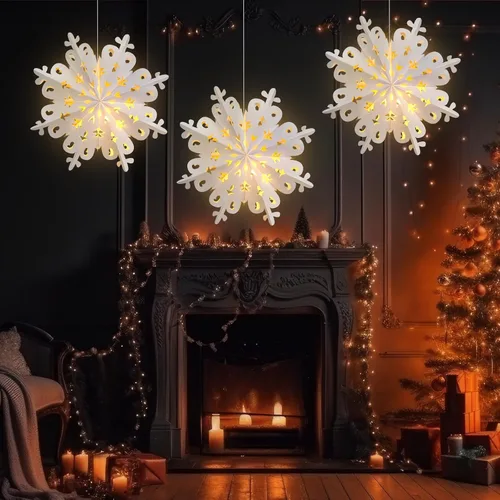 Miniatura 7 de Mudder 3 linternas de copo de nieve de papel de Navidad con 5 luces LED de 23.6 pulgadas, lámparas colgantes blancas 3D de copo de nieve