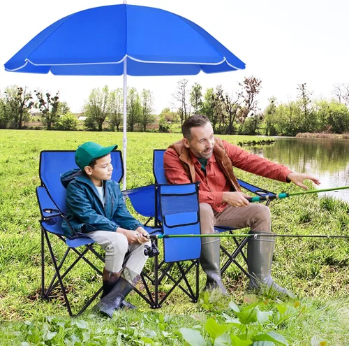 Miniatura 2 de LDAILY LUARANE - Silla plegable doble para campamento, sillas de picnic al aire libre con paraguas extraíble, mini mesa, portavasos y bolsa de Azul