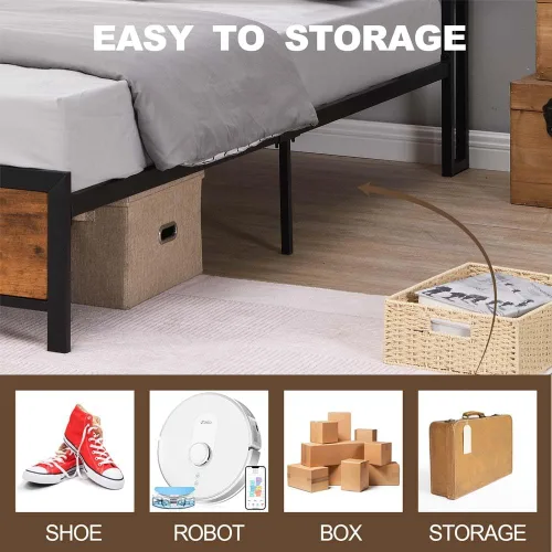 Miniatura 6 de Base de cama de plataforma de metal de tamaño matrimonial con cabecero y estribo de madera con luces USB y LED, no necesita somier, gran