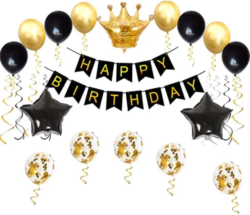 Kit de decoración de fiesta de cumpleaños: pancarta de feliz cumpleaños, globo de corona dorada y globos de látex negros, suministros perfectos para