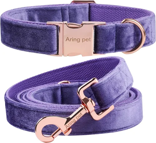 Miniatura 21 de ARING PET Juego de collar y correa de terciopelo para perro, collar y correa de perro morado suave, collares ajustables para perros Púrpura