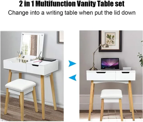 Miniatura 5 de LUARANE - Juego de tocador de tocador, tocador de madera con espejo abatible y taburete acolchado, aplicación multifuncional para dormitorio, baño