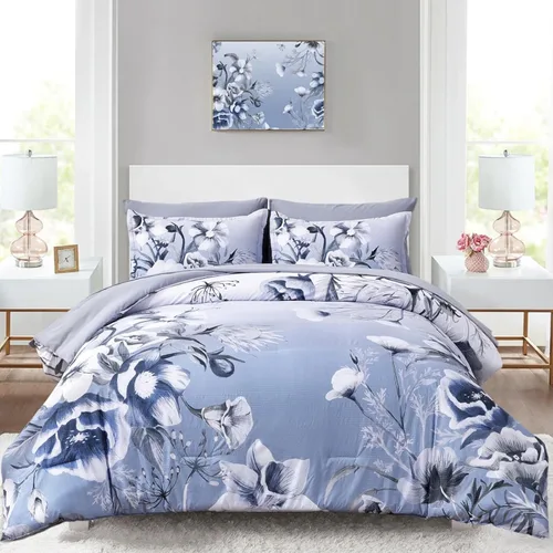 Miniatura 19 de Luxudecor Juego de edredón floral tamaño King de 7 piezas, cama de flores azul marino en una bolsa, elegante edredón floral con juego de sábanas