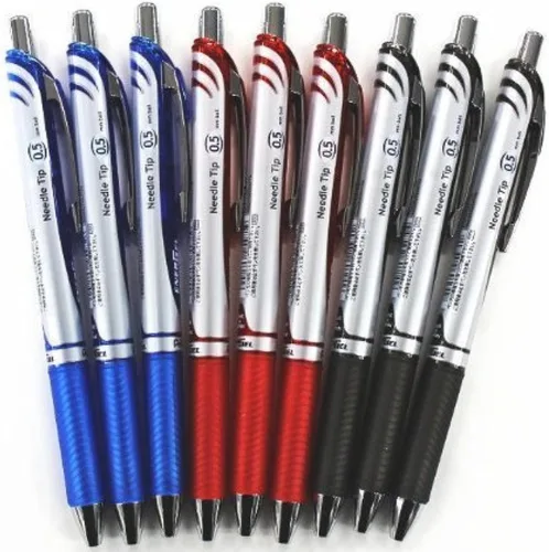 Pentel Energel Deluxe RTX - Bolígrafo retráctil de gel líquido, 0.020 in, línea fina, punta de aguja, tinta negra, azul y roja, cada 3 bolígrafos