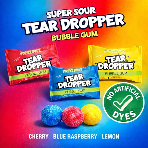 Miniatura 2 de Tear Droppers - Bolas de chicle ácidas, 250 unidades, sin tintes artificiales, envueltas individualmente, cereza, limón y frambuesa azul, caramelos