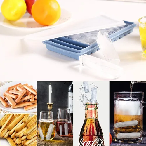 Miniatura 6 de LessMo 2 bandejas para cubitos de hielo, bandeja larga para palitos de hielo de silicona con tapa, palo estrecho rectangular, reutilizable, Azul