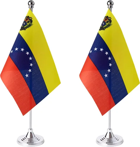 ZXvZYT Paquete de 2 banderas de mesa de Venezuela con base de soporte, decoración de eventos de festivales internacionales, decoración de oficina en