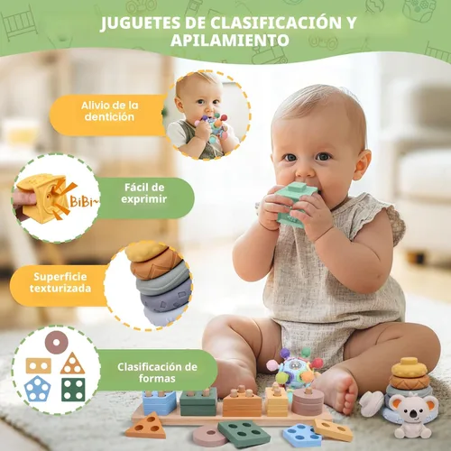 Miniatura 4 de YHHYTOY Juguetes Montessori 6 en 1 para bebés de 0-6 6-12 meses, juguetes de dentición para bebés, bloques apilables suaves, anillos clasificadores