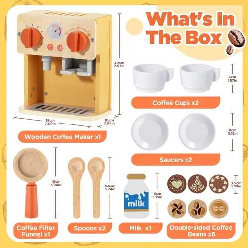 Miniatura 7 de GAGAKU Máquina de café de madera de juguete para niños, juego de máquina de café de simulación con accesorios para cocina de juego, juguetes