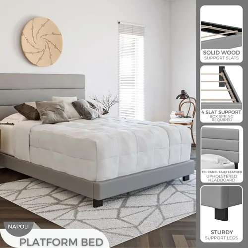 Miniatura 9 de Boyd Sleep Napoli - Marco de cama plataforma de cuero vegano gris tamaño King totalmente tapizado con cabecero ajustable - Se requiere somier