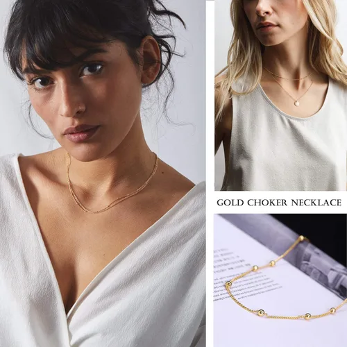 Miniatura 6 de Gargantilla de oro de 18 quilates, joyería delicada para mujeres de 16 pulgadas, con dije, cadena de eslabones