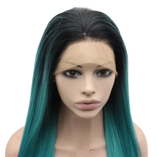 Miniatura 4 de Mxangel - Peluca sintética larga atada a mano, color azul ombré, con encaje frontal, resistente al calor, fibra de pelo Azul Degradado
