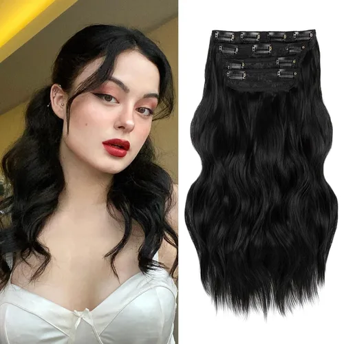 Miniatura 16 de NAYOO 4 piezas Extensiones de cabello con pinza, ondas largas y rizadas, sintéticas, gruesas, con fibra de doble trama, para mujeres, color cobre