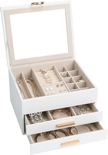 Miniatura 10 de Elegant Gift Jewelry Box with Mirror - 3-Layer Organizer for Earrings, Rings, Necklaces, Ready to Give for Birthday Anniversary Christmas Apricot