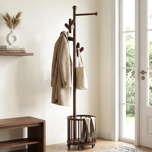 Miniatura 9 de CozyDH Perchero de madera con soporte para paraguas y ruedas, perchero independiente con múltiples ganchos, resistente para entrada, dormitorio