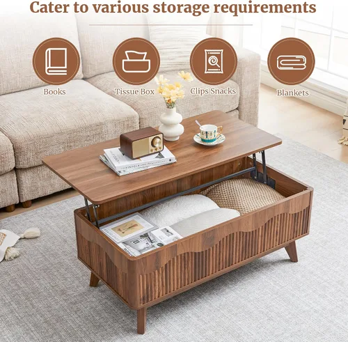 Miniatura 6 de BERRYMERRY Mesa de centro elevable con almacenamiento oculto, mesa de centro acanalada de granja con perfil ondulado, mesa central rectangular