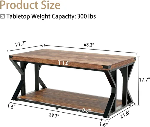 Miniatura 2 de Mesa auxiliar industrial de 43 pulgadas, mesa central rectangular de 2 niveles con estante de almacenamiento, mesa de cóctel de madera y metal