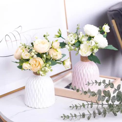 Miniatura 7 de Floweroyal 4 Ramos de Flores Artificiales de Peonía Color Champán, Ramos de Peonías de Seda para Bodas, Fiestas, Centros de Mesa de Mesa, Arreglos