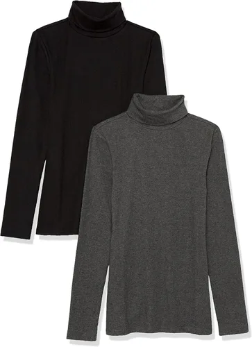 Tienda Essentials Camiseta de cuello alto de punto acanalado de manga larga para mujer (disponible en tallas grandes), paquete de 2