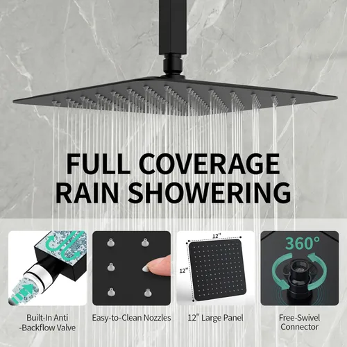 Miniatura 3 de SR SUN RISE Sistema de Ducha de Montaje en Techo de 12 Pulgadas Negro Mate, Sistema de Ducha de Lluvia de Lujo para Baño, Mezclador, Juego