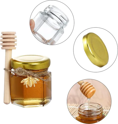 Miniatura 3 de XING-RUIYANG Mini tarros hexagonales de miel de 1.5 onzas, paquete de 30 tarros de miel con tapa dorada, colgantes de abeja, yutes, perfectos