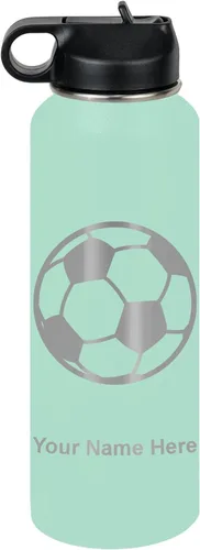 Miniatura 79 de LaserGram Botella de agua personalizada, pelota de fútbol, acero inoxidable de doble pared aislada al vacío con popote superior, regalo grabado