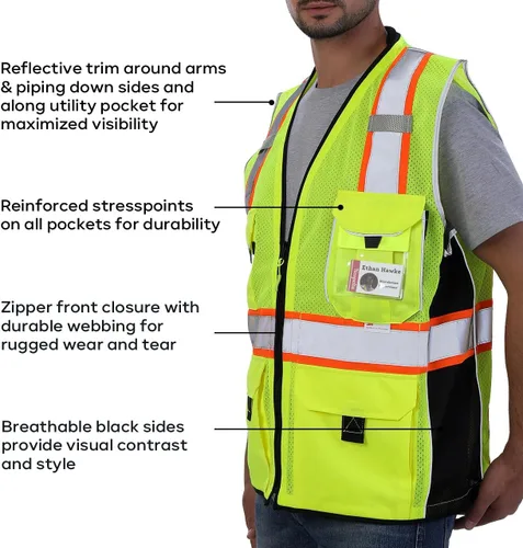 Miniatura 4 de Neopelta Chaleco de seguridad reflectante de malla amarilla, fabricado con cinta reflectante 3M, chaleco resistente con bolsillo para Amarillo