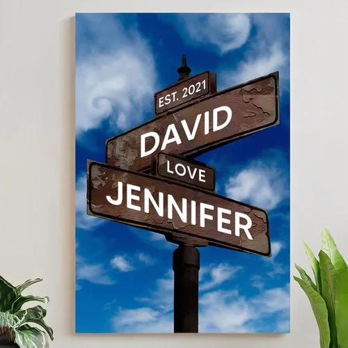 Miniatura 17 de Mapileng Lienzo personalizado de Crossroads Street Sign para parejas, nombres personalizados y fecha, arte de pared vintage, regalo del día de San