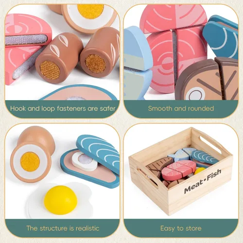 Miniatura 4 de Juego de 10 alimentos de madera para jugar carne y pescado para la cocina de los niños, juguete de madera, juego de corte de alimentos, juego