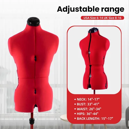 Miniatura 2 de Maniquí ajustable para vestidos de costura, para mujer, talla 6-14, con forma de cuerpo para clavar alfileres con 13 diales, base rodante Rojo